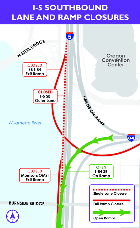 I-5 closure map showing the southbound I-84 exit ramp, I-5 southbound outer lane and the Morrison/OMSI exit ramp as closed. The I-84 southbound on-ramp is shown as open.