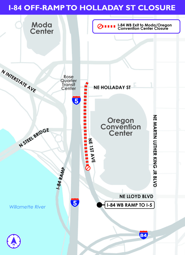 Closure map showing the I-84 westbound exit to the Moda Center and Oregon Convention Center as closed.