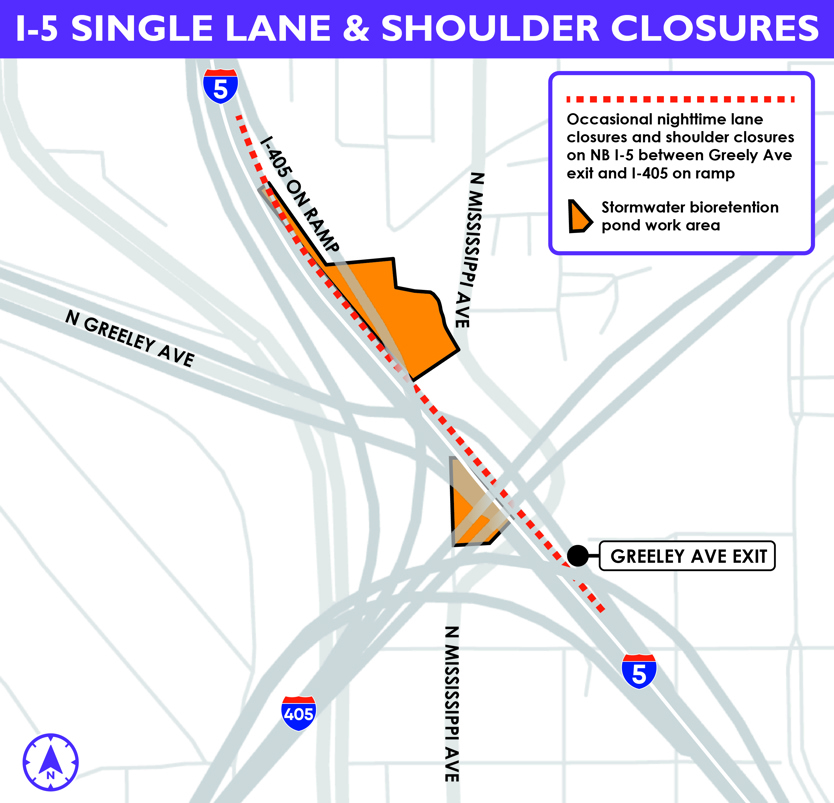 Map showing the approximate location of the northbound I-5 lane closure