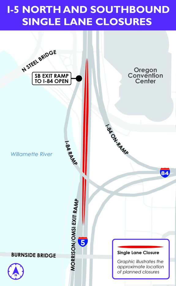 Graphic showing the closure of I-5 northbound and southbound left lanes between the Oregon Convention Center and Burnside Bridge