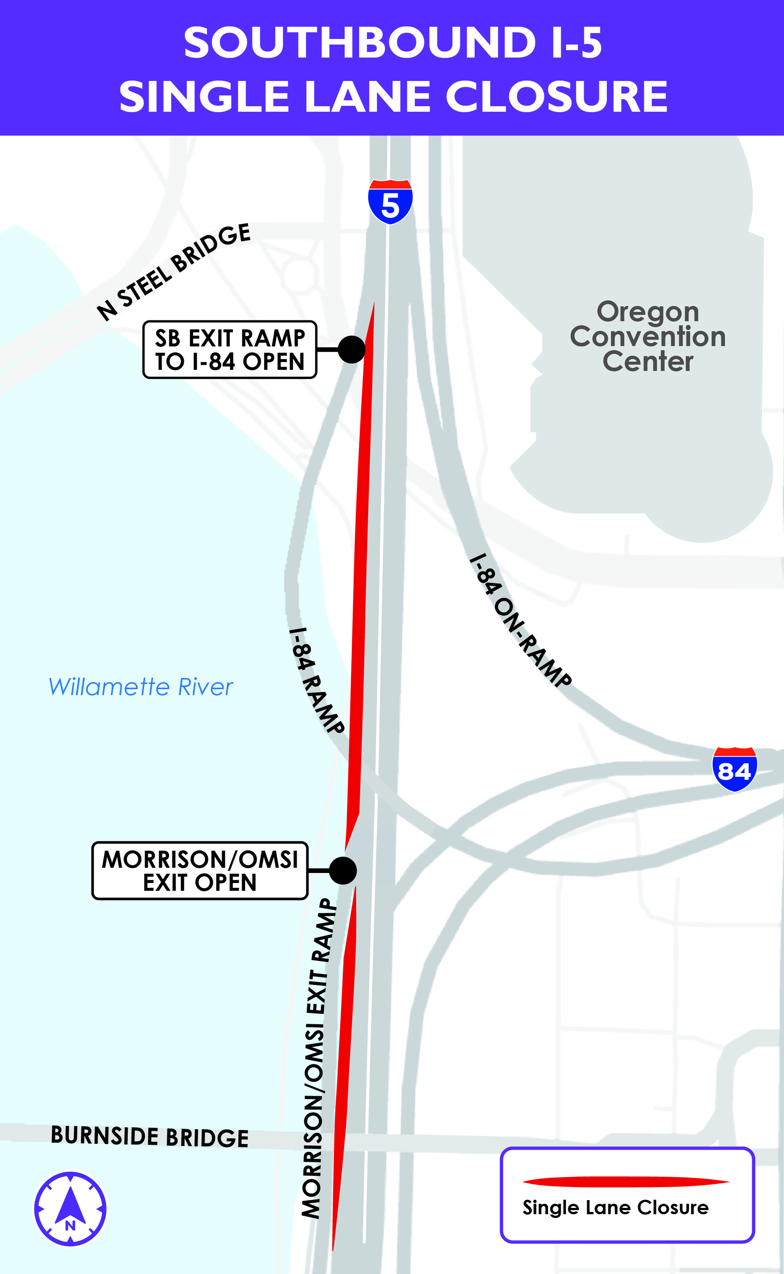 Closure map showing the approximate location of I-5 single lane closures.