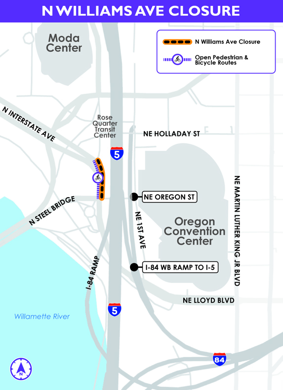 Graphic depicting N Williams Ave closure between NE Oregon St and NE Wheeler Ave. Icons indicate bicyclists will not need to detour.