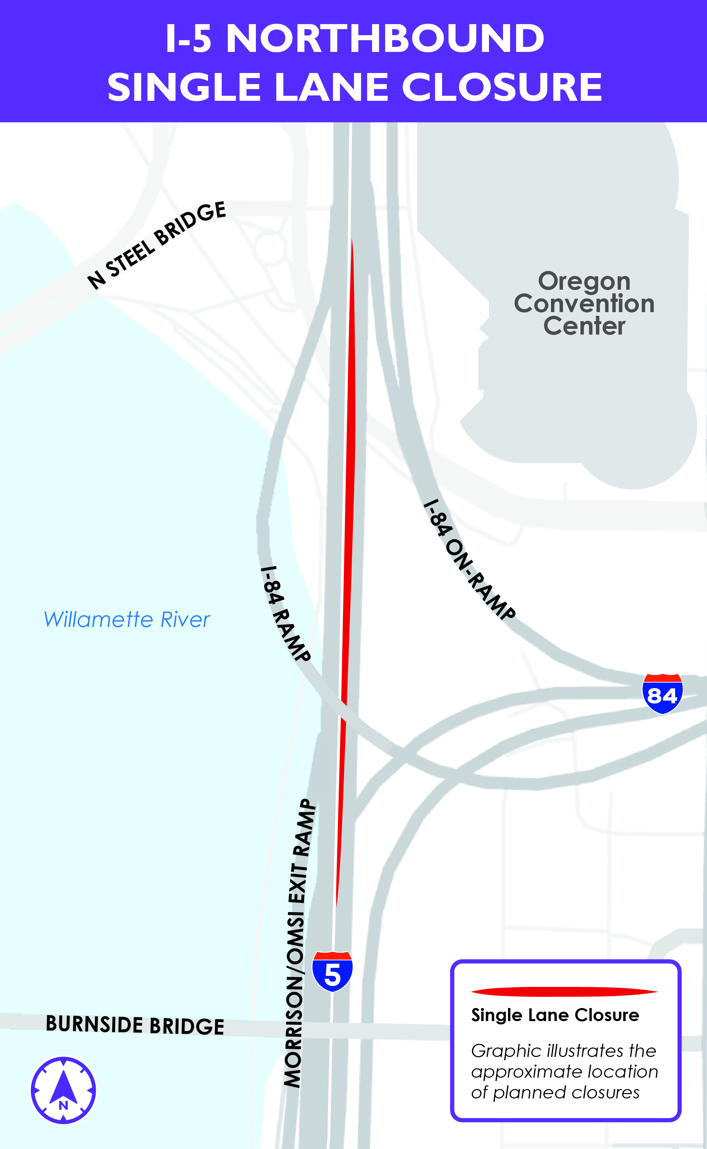 Graphic showing the approximate location of the I-5 northbound single lane closure.