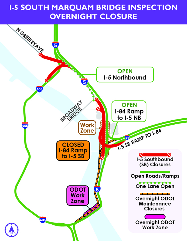 Closure graphic showing the approximate location of the Marquam Bridge closure.