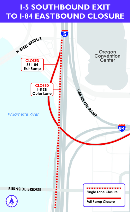 Graphic showing the approximate location of the I-5 southbound Exit 301 to I-84 eastbound closure.