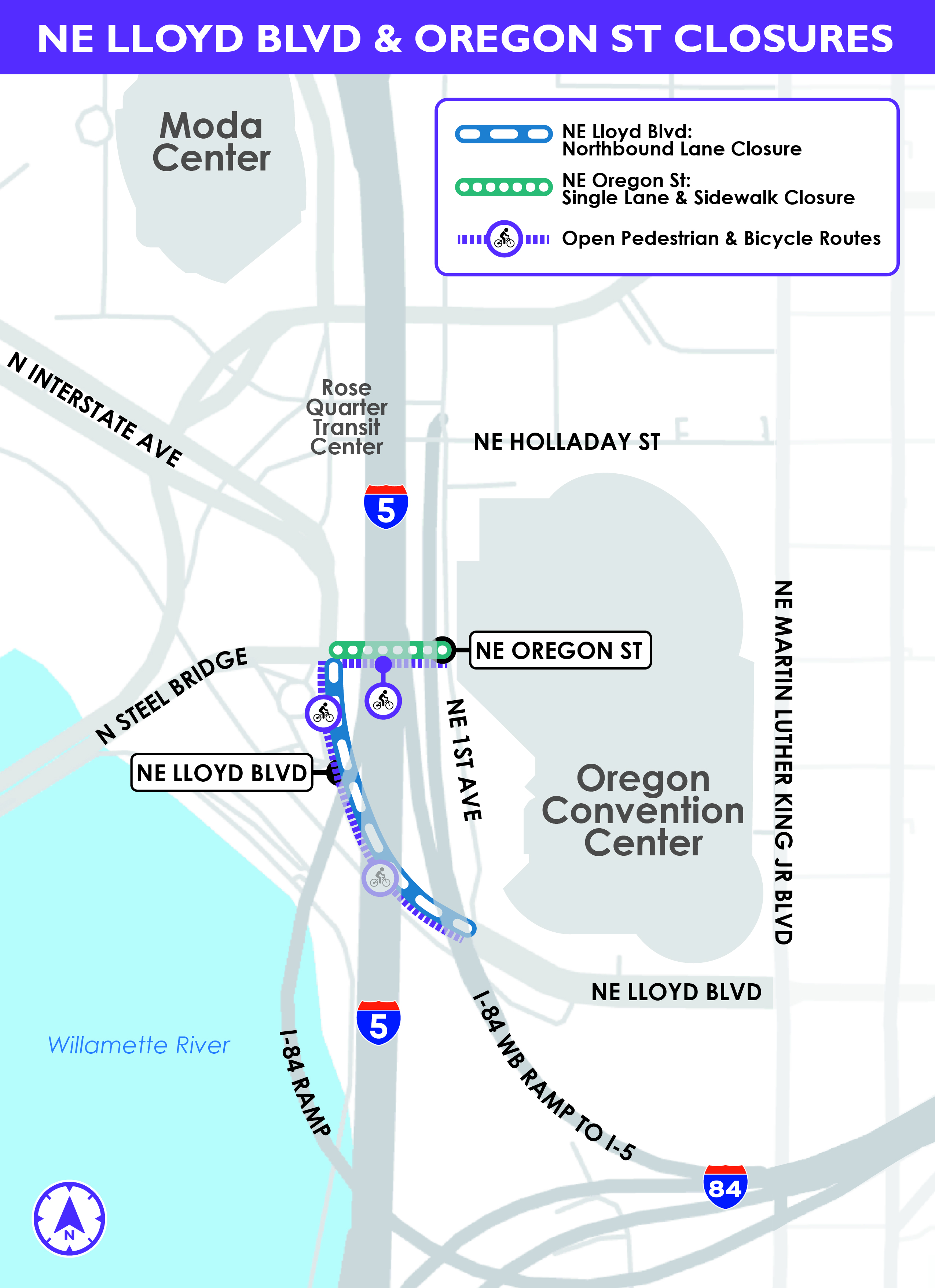 Stylized map displaying sidewalk and lane closures on NE Lloyd Blvd and NE Oregon St. The map also shows open bicycle and pedestrian routes along these closures.