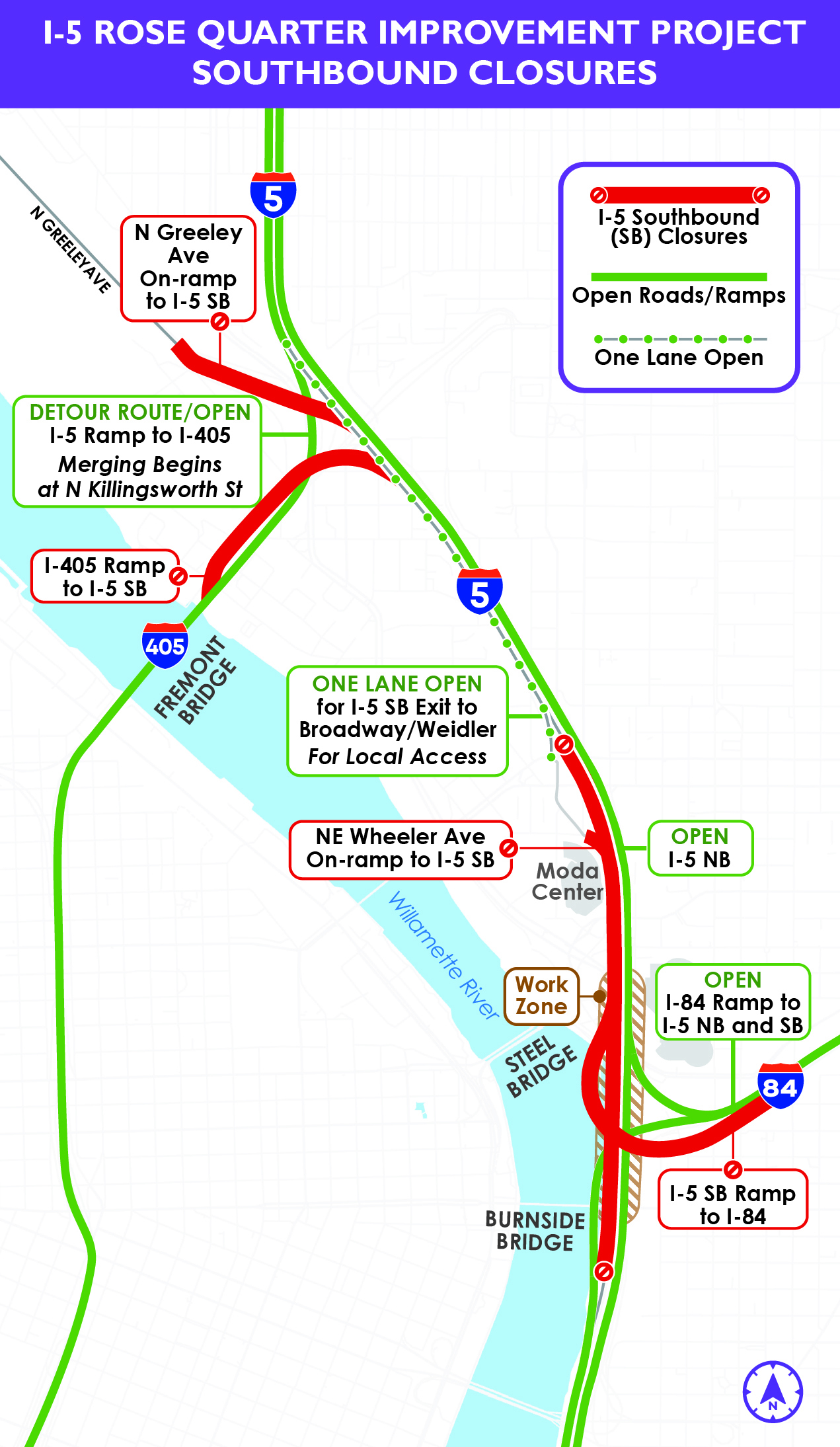 Map showing southbound I-5 closures, including the North Greeley Avenue on ramp to I-5 southbound, the I-405 ramp to I-5 southbound, the NE Wheeler Avenue on ramp to I-5 southbound, and the I-5 southbound ramp to I-84. A designated detour routes southbound I-5 traffic to merge onto I-405 at N Killingsworth Street, with one southbound lane remaining open between the I-405/302B junction to Exit 302A for local access to Broadway/Weidler.
