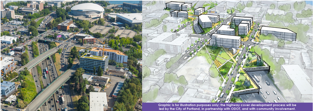 View of I-5 through the Rose Quarter project area next to a conceptual rendering of the same area with the highway cover.